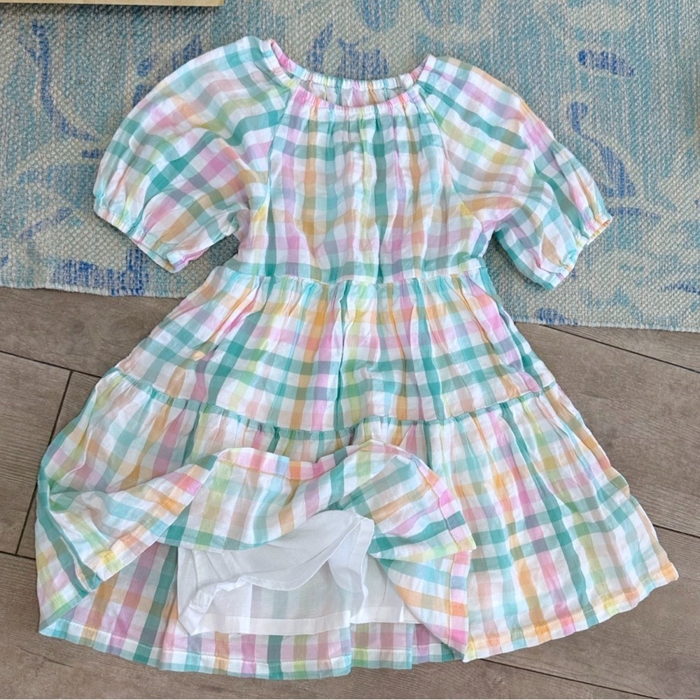 Toddler Girl Pastel Plaid Puff Sleeve Seersucker Tiered Cotton Dress Size 4T